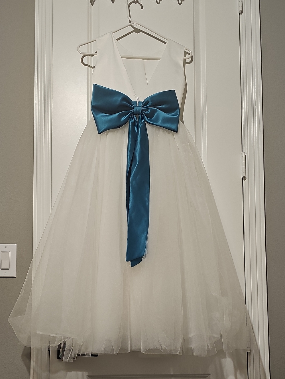 White Tulle Flower Girl Dress with Teal Satin Bow